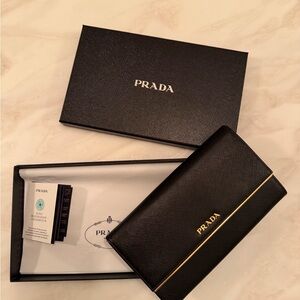 Prada Black Leather Clutch Wallet (Gold trim) | Brand New in box never used